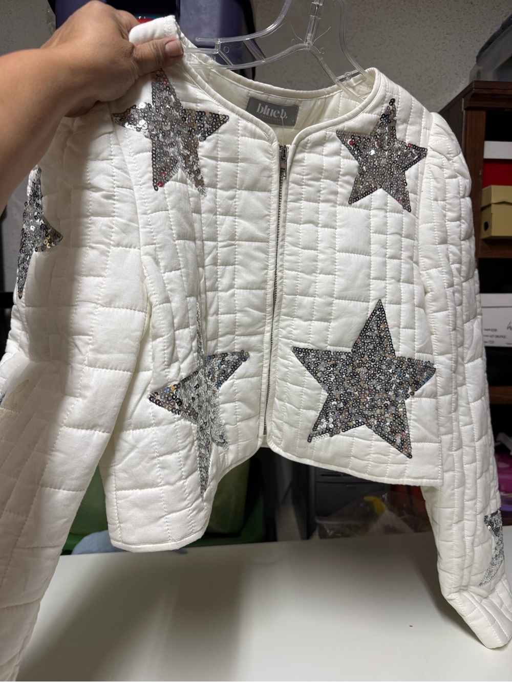 bhcb. White Quilted Sequin Star Cropped Puffer Jacket